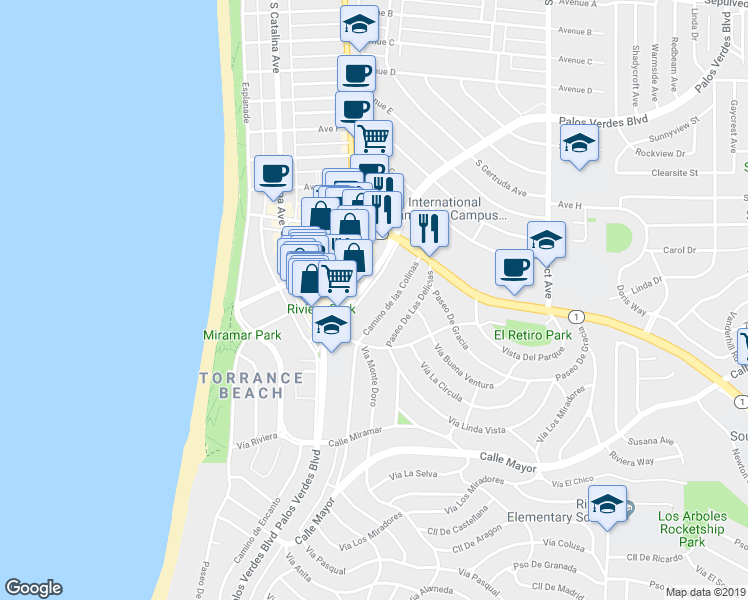 map of restaurants, bars, coffee shops, grocery stores, and more near 148 Palos Verdes Boulevard in Redondo Beach