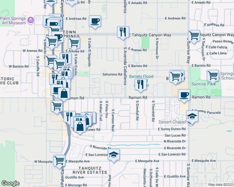 map of restaurants, bars, coffee shops, grocery stores, and more near 943 Village Square South in Palm Springs