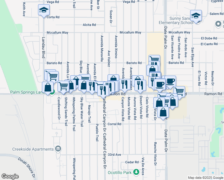 map of restaurants, bars, coffee shops, grocery stores, and more near 68535 Ramon Road in Cathedral City