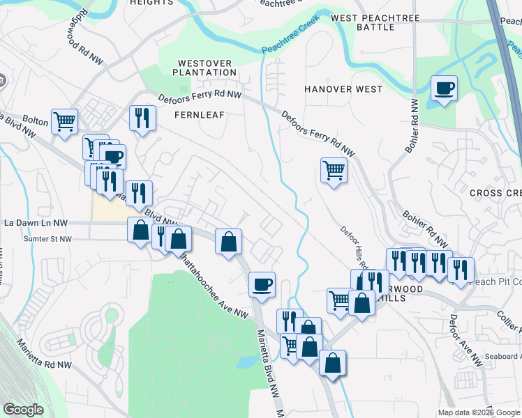 map of restaurants, bars, coffee shops, grocery stores, and more near 3002 Liberty Way Northwest in Atlanta