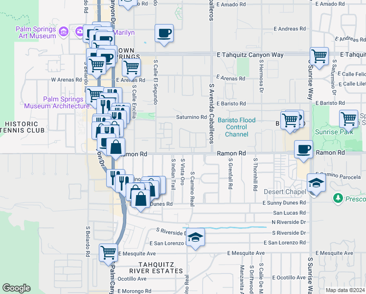 map of restaurants, bars, coffee shops, grocery stores, and more near 835 Village Square South in Palm Springs