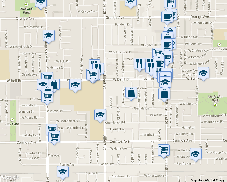 map of restaurants, bars, coffee shops, grocery stores, and more near 10121 D' Este Drive in Anaheim