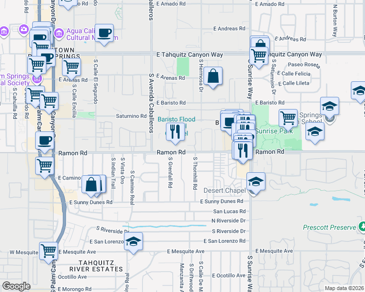 map of restaurants, bars, coffee shops, grocery stores, and more near 1268 Ramon Road in Palm Springs