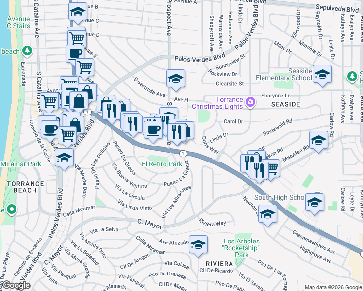 map of restaurants, bars, coffee shops, grocery stores, and more near 1920 South Pacific Coast Highway in Redondo Beach