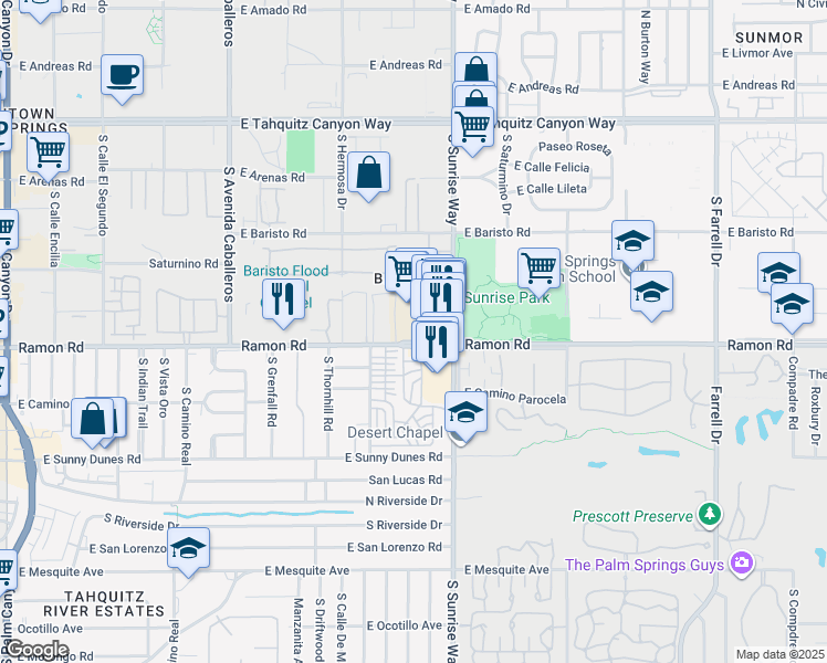 map of restaurants, bars, coffee shops, grocery stores, and more near 425 South Sunrise Way in Palm Springs
