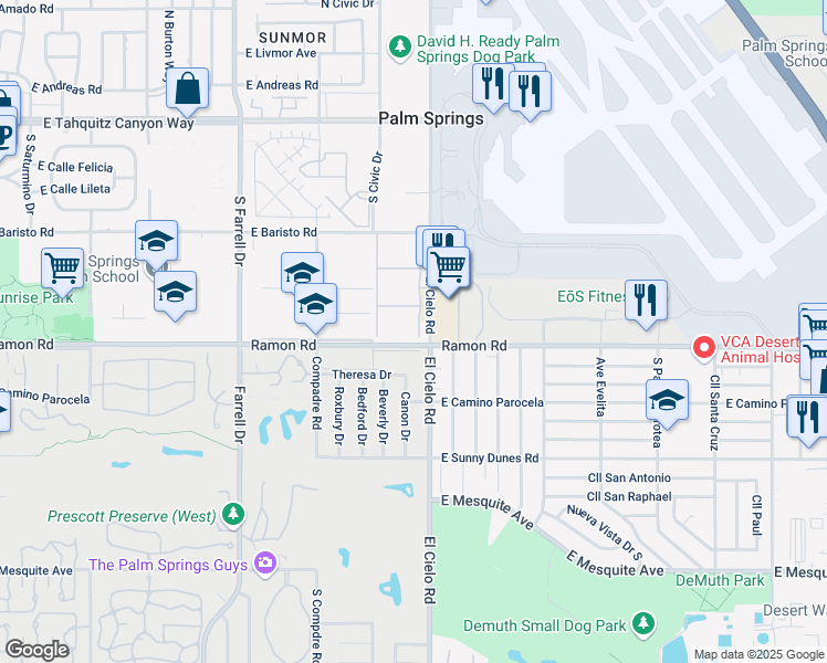 map of restaurants, bars, coffee shops, grocery stores, and more near in Palm Springs