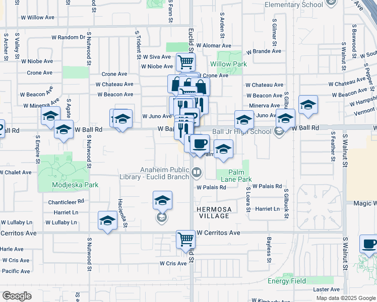 map of restaurants, bars, coffee shops, grocery stores, and more near 1307 South Euclid Street in Anaheim
