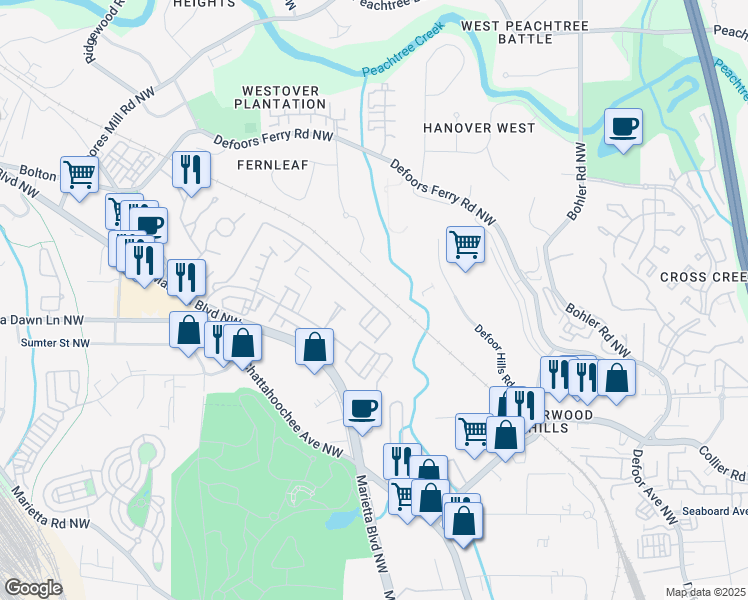 map of restaurants, bars, coffee shops, grocery stores, and more near 3002 Liberty Way Northwest in Atlanta