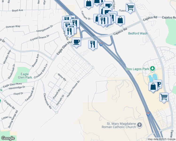 map of restaurants, bars, coffee shops, grocery stores, and more near 2640 Sprout Lane in Corona