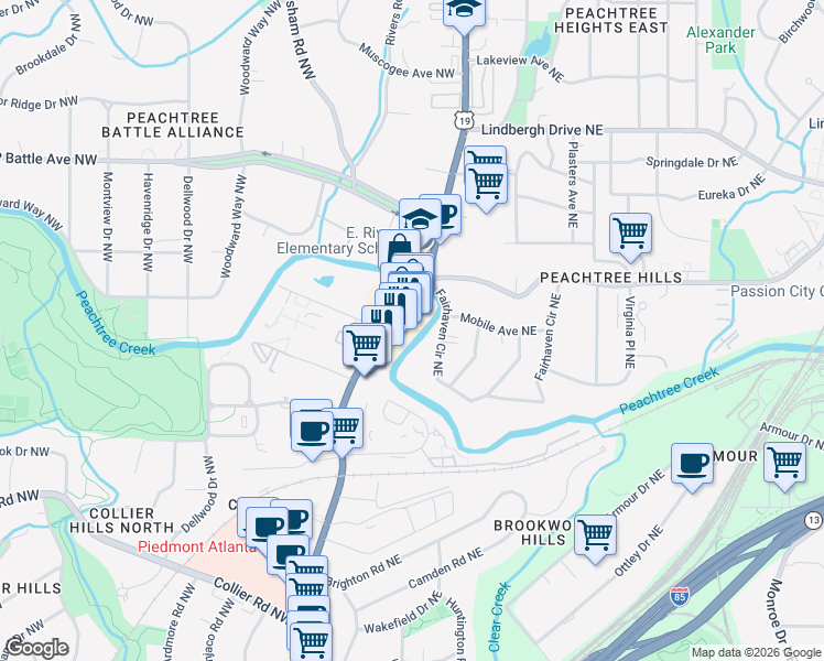 map of restaurants, bars, coffee shops, grocery stores, and more near 2277 Peachtree Road in Atlanta