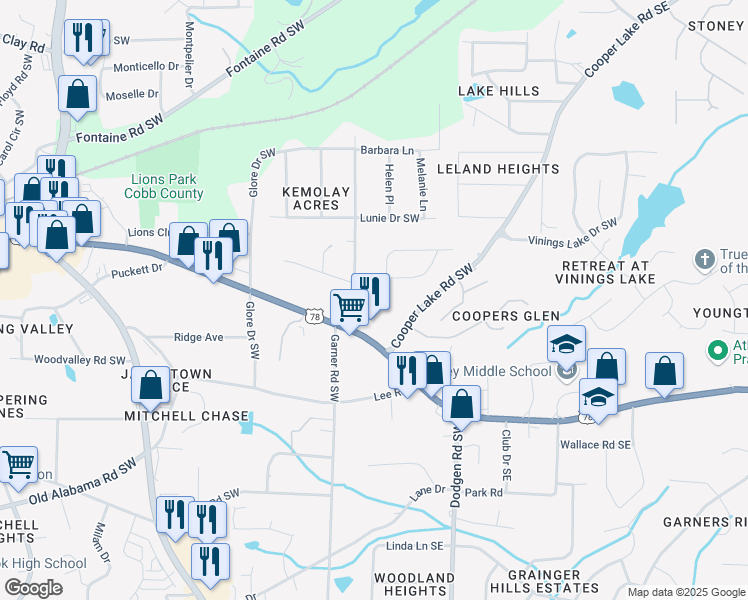 map of restaurants, bars, coffee shops, grocery stores, and more near 259 Palms Lane Southwest in Mableton