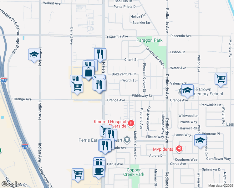 map of restaurants, bars, coffee shops, grocery stores, and more near 88 Whirlaway Street in Perris