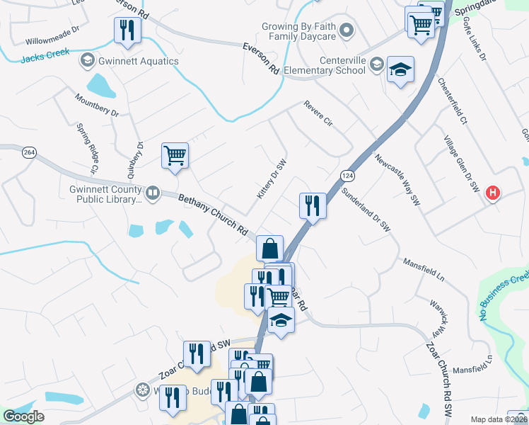 map of restaurants, bars, coffee shops, grocery stores, and more near 3871 Sunbridge Drive Southwest in Snellville