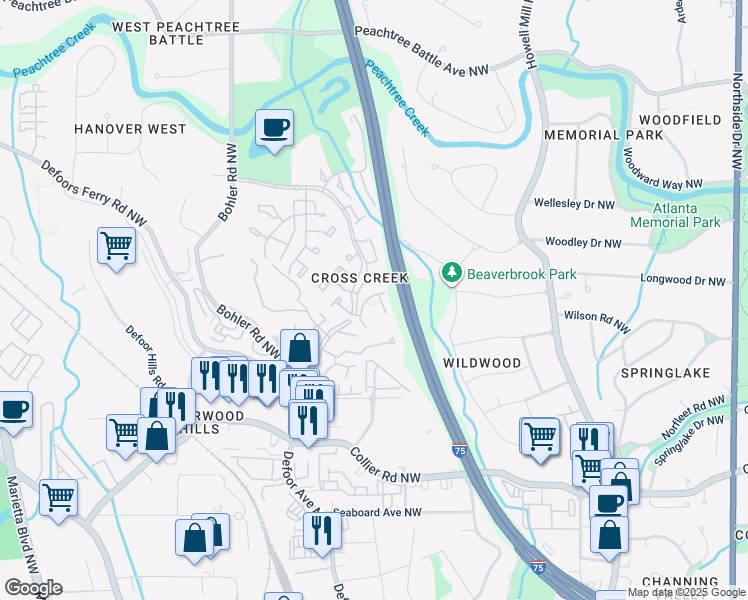 map of restaurants, bars, coffee shops, grocery stores, and more near 188 Triumph Drive Northwest in Atlanta