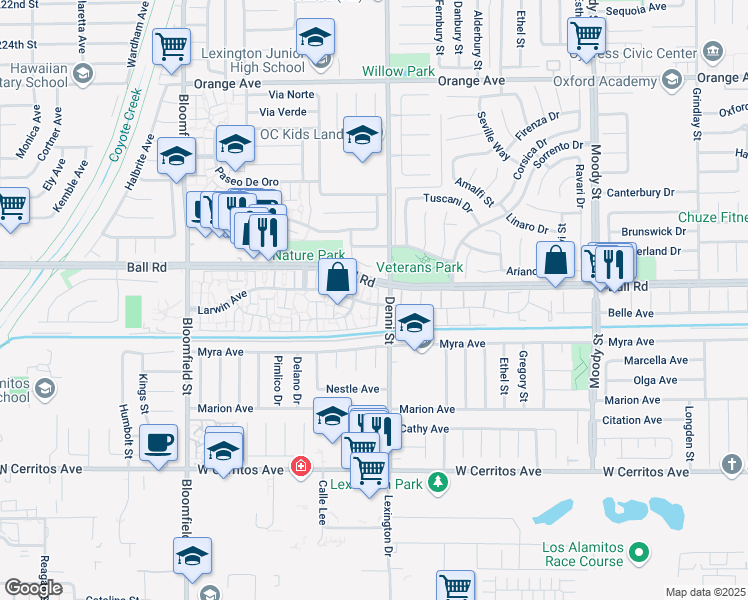 map of restaurants, bars, coffee shops, grocery stores, and more near 4481 Larwin Avenue in Cypress