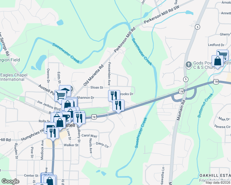 map of restaurants, bars, coffee shops, grocery stores, and more near 2522 Brooks Drive in Austell