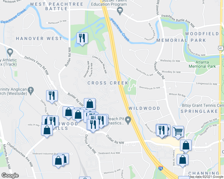 map of restaurants, bars, coffee shops, grocery stores, and more near 183 Triumph Drive Northwest in Atlanta