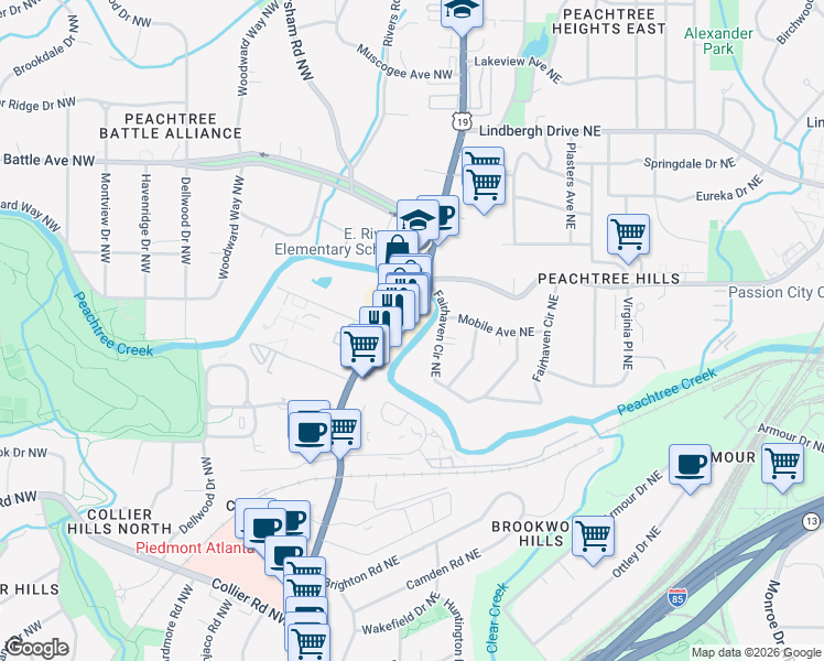 map of restaurants, bars, coffee shops, grocery stores, and more near 2277 Peachtree Road in Atlanta