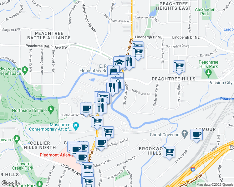 map of restaurants, bars, coffee shops, grocery stores, and more near 2285 Peachtree Road in Atlanta