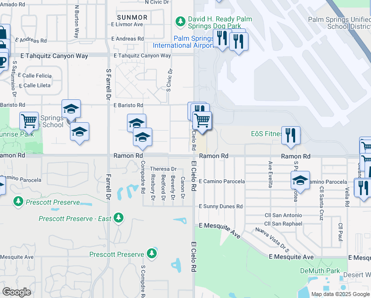map of restaurants, bars, coffee shops, grocery stores, and more near 401 El Cielo Road in Palm Springs