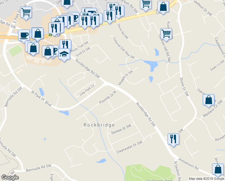 map of restaurants, bars, coffee shops, grocery stores, and more near 125 Villa Park Circle in Stone Mountain