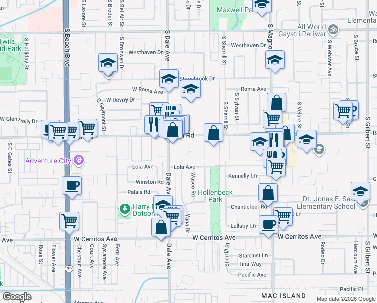 map of restaurants, bars, coffee shops, grocery stores, and more near 1231 S Sharon Cir in Anaheim