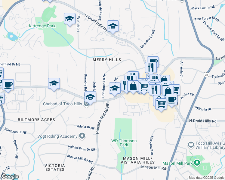 map of restaurants, bars, coffee shops, grocery stores, and more near 1258 Merry Lane Northeast in Atlanta