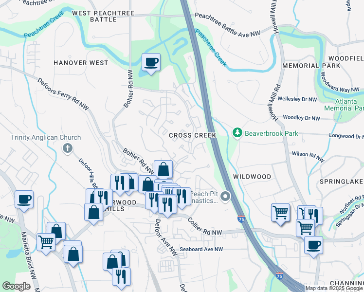 map of restaurants, bars, coffee shops, grocery stores, and more near 122 Maison Place Northwest in Atlanta