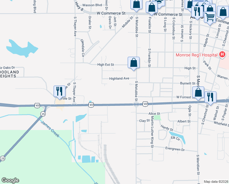 map of restaurants, bars, coffee shops, grocery stores, and more near 704 Mississippi 25 in Aberdeen