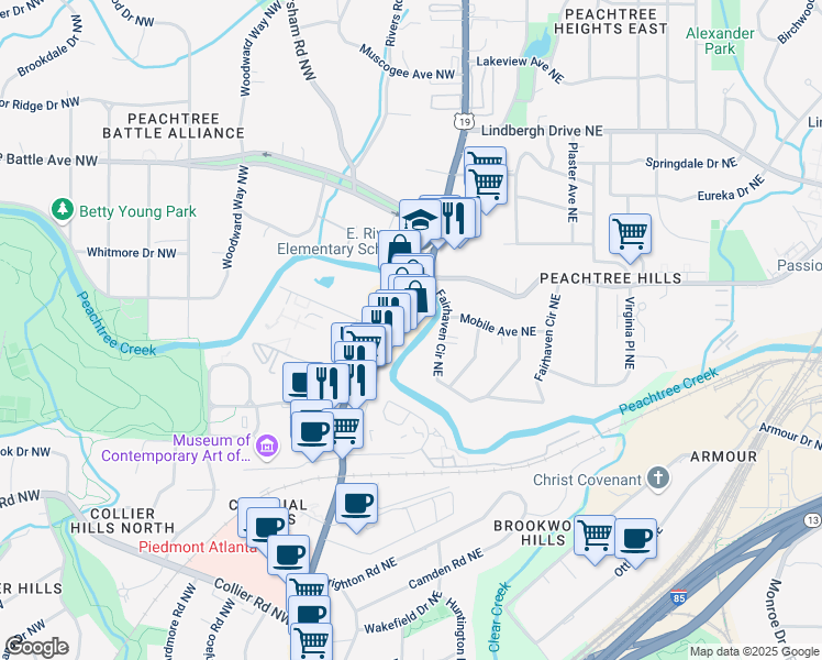 map of restaurants, bars, coffee shops, grocery stores, and more near 2277 Peachtree Road in Atlanta