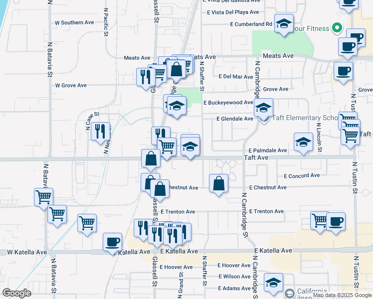 map of restaurants, bars, coffee shops, grocery stores, and more near 316 East Palmdale Avenue in Orange