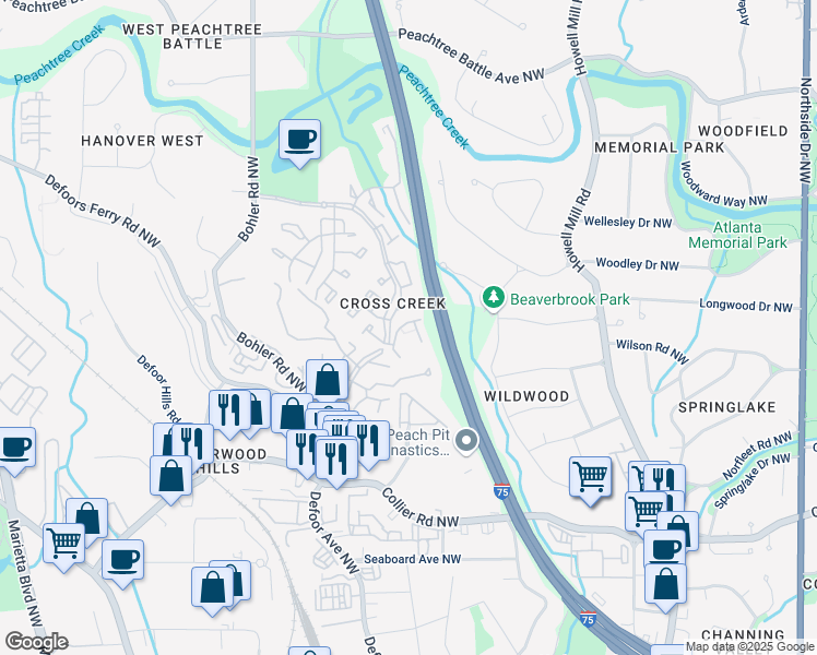 map of restaurants, bars, coffee shops, grocery stores, and more near 204 Triumph Drive Northwest in Atlanta