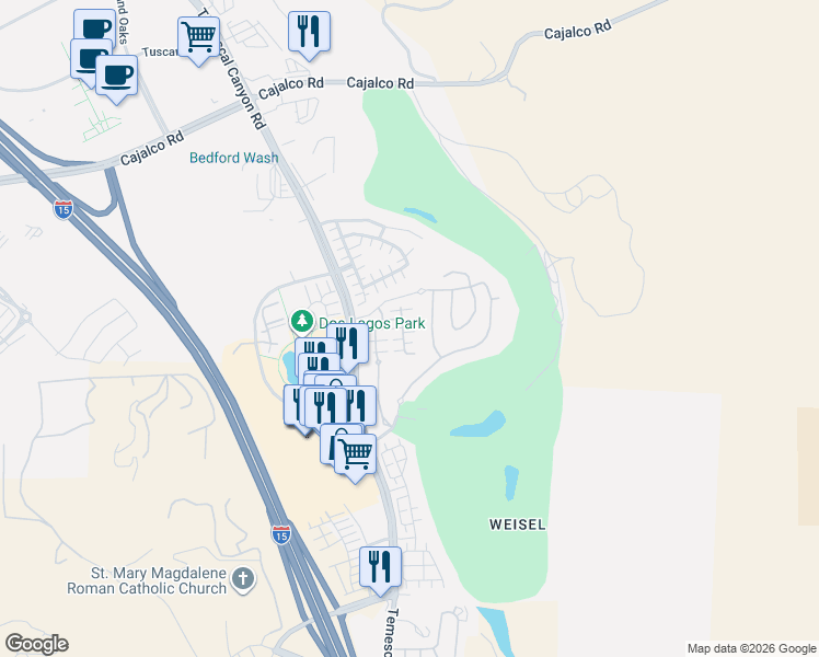 map of restaurants, bars, coffee shops, grocery stores, and more near 4321 Junction Street in Corona