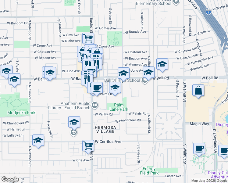 map of restaurants, bars, coffee shops, grocery stores, and more near 1649 West Palm Lane in Anaheim