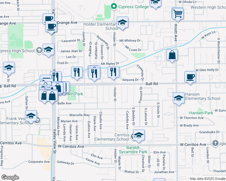 map of restaurants, bars, coffee shops, grocery stores, and more near 10062 Beatrice Circle in Buena Park