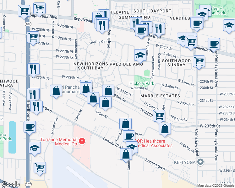 map of restaurants, bars, coffee shops, grocery stores, and more near 2940 West 235th Street in Torrance