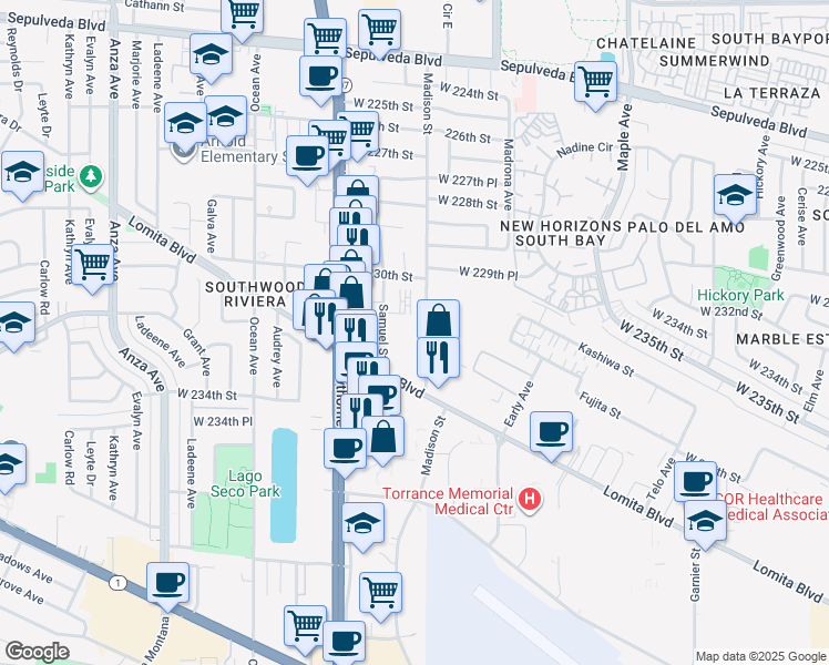map of restaurants, bars, coffee shops, grocery stores, and more near 23135 Madison Street in Torrance
