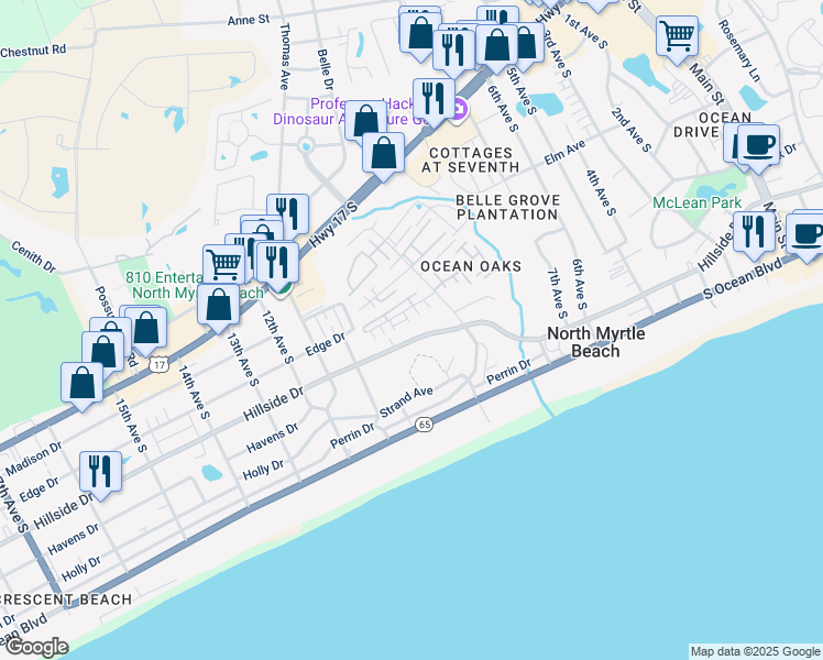 map of restaurants, bars, coffee shops, grocery stores, and more near 511 Seminole Circle in North Myrtle Beach