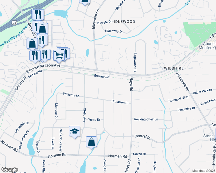 map of restaurants, bars, coffee shops, grocery stores, and more near 4549 Erskine Road in Clarkston