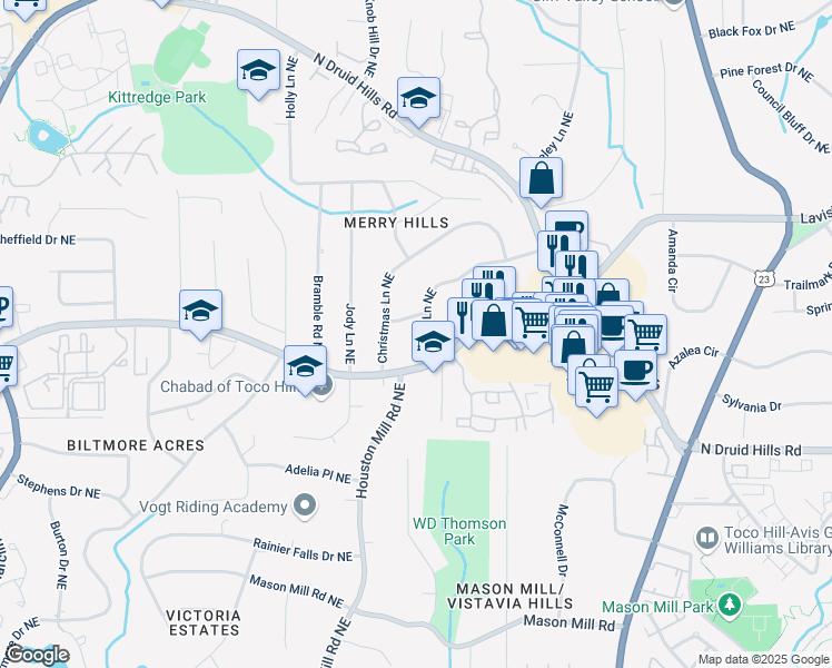 map of restaurants, bars, coffee shops, grocery stores, and more near 1258 Merry Lane Northeast in Atlanta