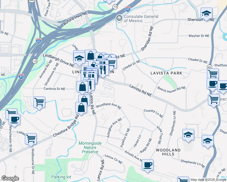map of restaurants, bars, coffee shops, grocery stores, and more near 2252 Lavista Square Northeast in Atlanta