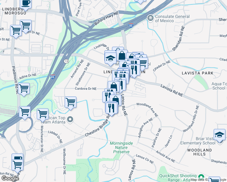 map of restaurants, bars, coffee shops, grocery stores, and more near 2235 Cheshire Bridge Road Northeast in Atlanta