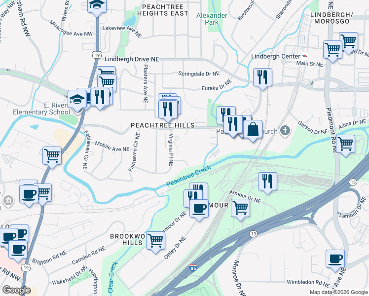 map of restaurants, bars, coffee shops, grocery stores, and more near 125 Lindbergh Drive Northeast in Atlanta