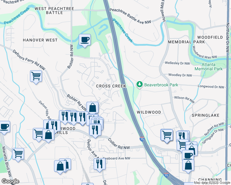 map of restaurants, bars, coffee shops, grocery stores, and more near 221 Triumph Drive Northwest in Atlanta