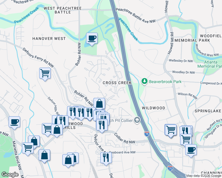 map of restaurants, bars, coffee shops, grocery stores, and more near 138 Maison Place Northwest in Atlanta