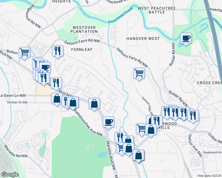 map of restaurants, bars, coffee shops, grocery stores, and more near 3002 Liberty Way Northwest in Atlanta
