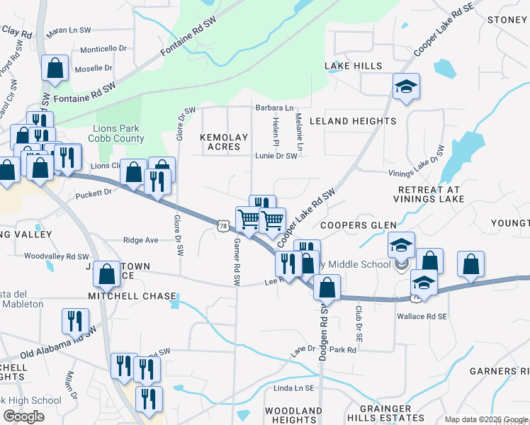 map of restaurants, bars, coffee shops, grocery stores, and more near 259 Palms Lane Southwest in Mableton