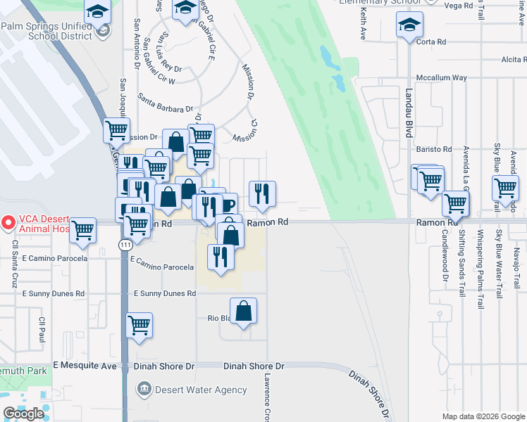 map of restaurants, bars, coffee shops, grocery stores, and more near Sarah Street in Cathedral City