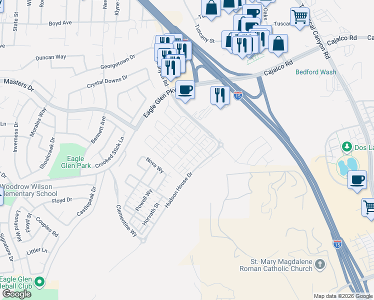map of restaurants, bars, coffee shops, grocery stores, and more near 4037 Summer Way in Corona
