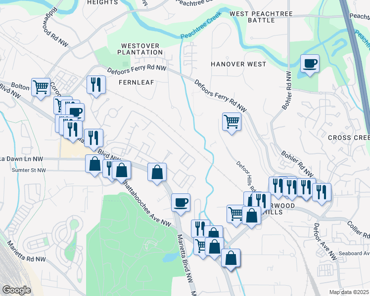 map of restaurants, bars, coffee shops, grocery stores, and more near 3002 Liberty Way Northwest in Atlanta